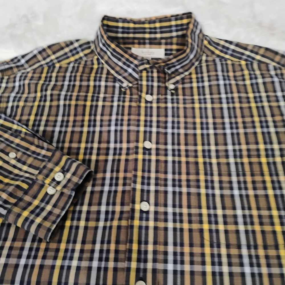 Turnbury Mens XL Plaid Button Down Shirt Yellow Blue Cotton Long Sleeve Pocket I
